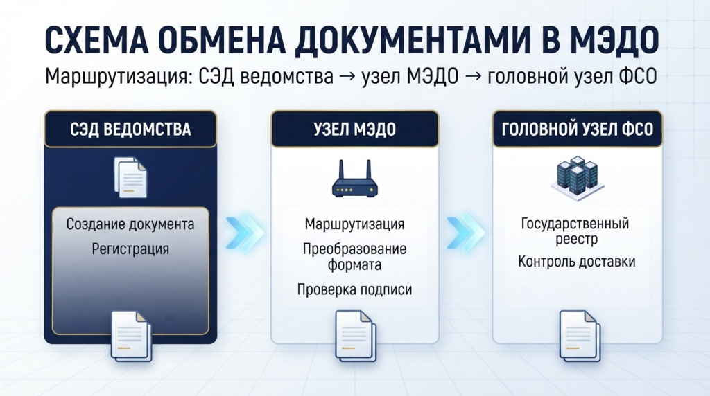 Схема обмена документами в МЭДО: СЭД ведомства, узел МЭДО, головной узел ФСО