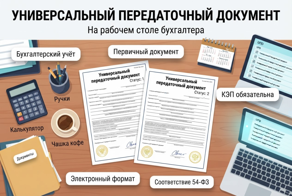 Универсальный передаточный документ на рабочем столе бухгалтера