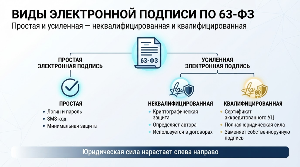 Виды электронной подписи по 63-ФЗ: простая и усиленная — неквалифицированная и квалифицированная