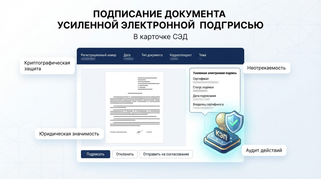 Подписание документа усиленной электронной подписью в карточке СЭД