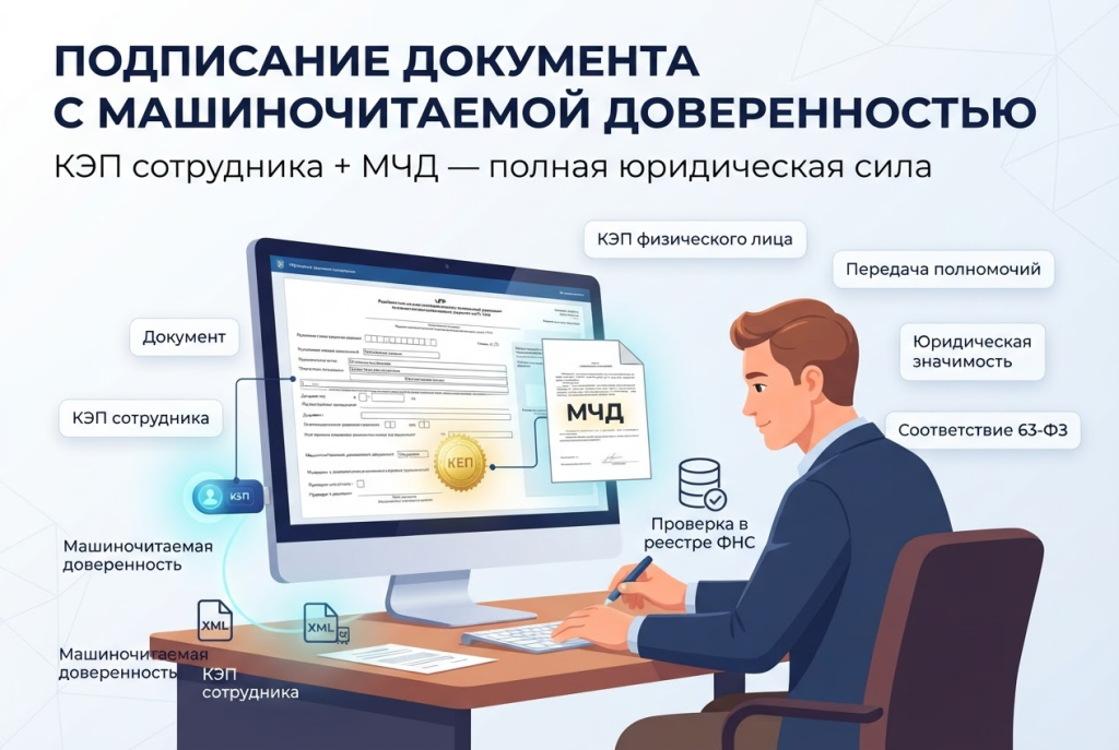 Сотрудник подписывает электронный документ квалифицированной подписью с машиночитаемой доверенностью