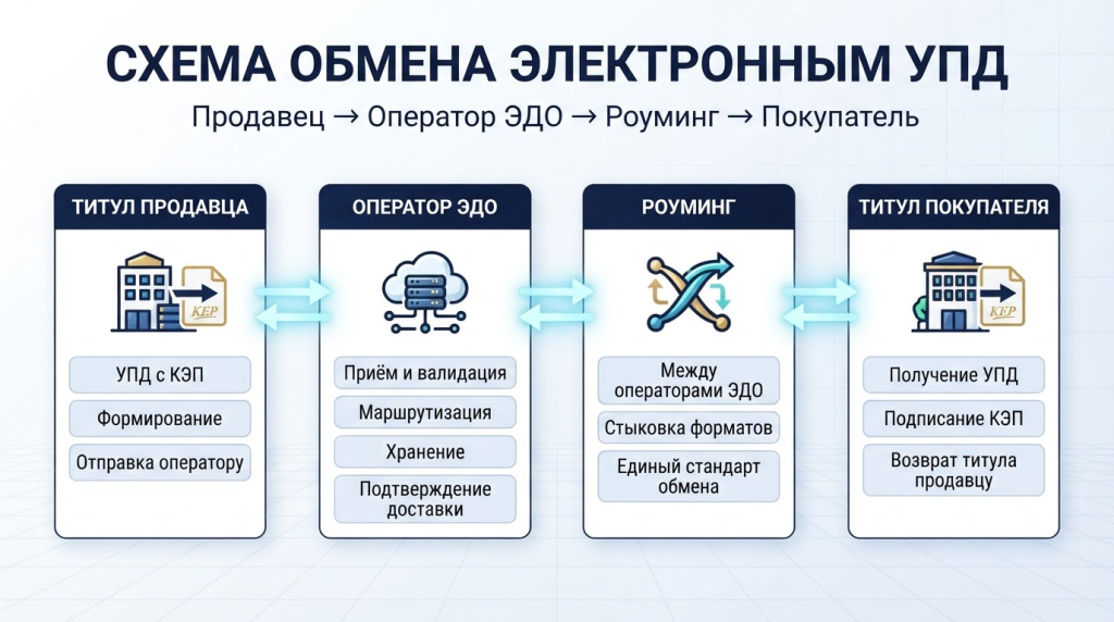 Схема обмена электронным УПД: титул продавца, оператор ЭДО, роуминг, титул покупателя