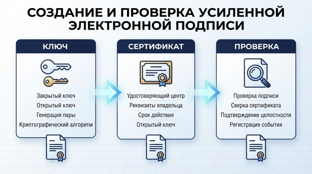 Схема создания и проверки усиленной электронной подписи: ключ, сертификат, проверка